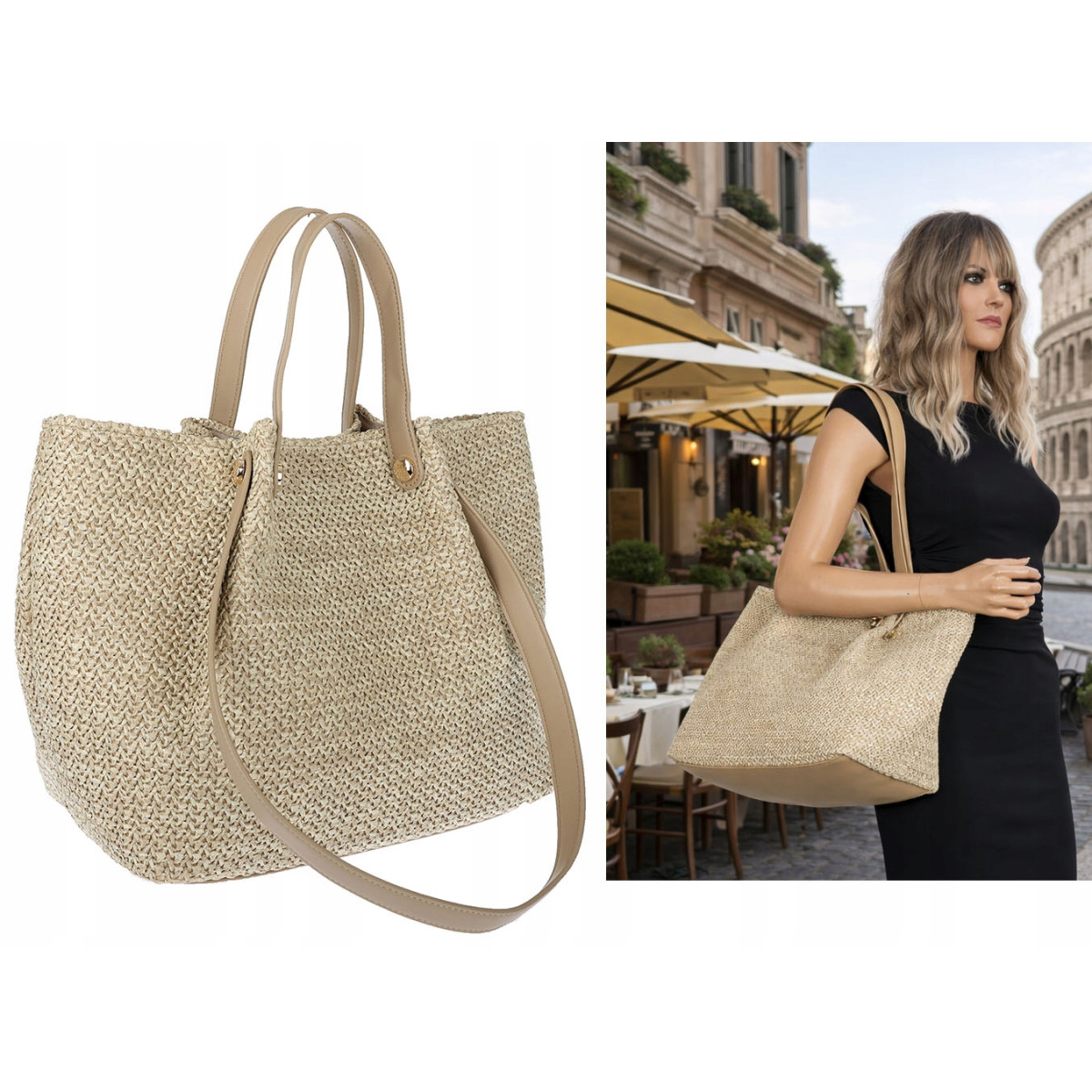 Torebka Damska Worek Shopper Torba na Ramię duża modna pajemna N5047 Beżowa