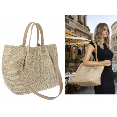 Torebka Damska Worek Shopper Torba na Ramię duża modna pajemna N5047 Beżowa