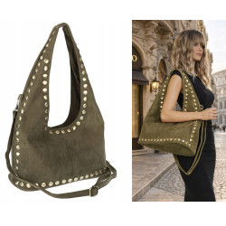 Torebka damska worek listonoszka zamszowa z ćwiekami modna 90512 Zielona