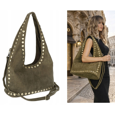 Torebka damska worek listonoszka zamszowa z ćwiekami modna 90512 Zielona