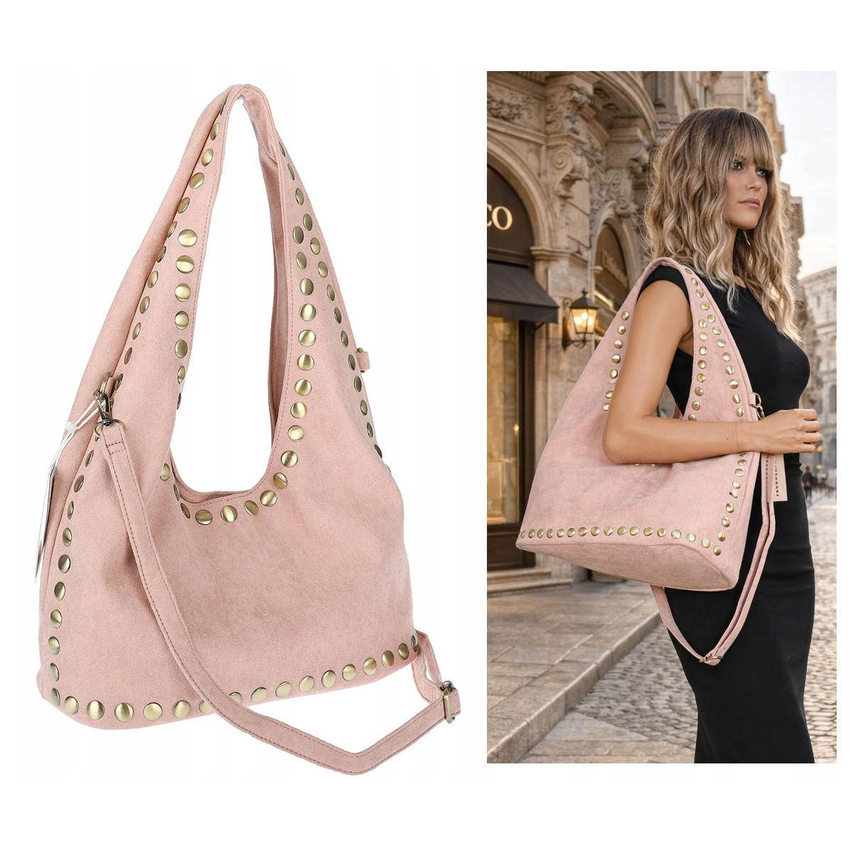 Torebka damska worek listonoszka zamszowa z ćwiekami modna 90512 Różowa