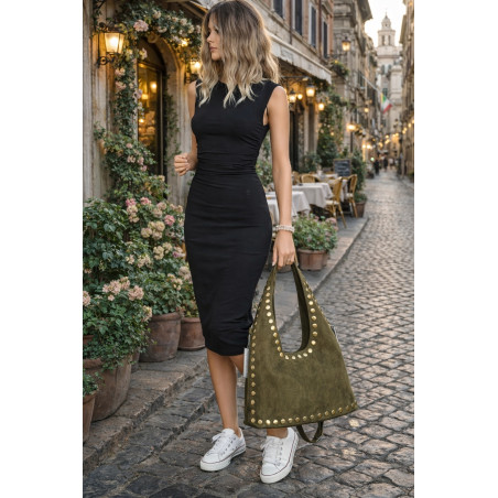 Torebka damska worek listonoszka zamszowa z ćwiekami modna 90512 Zielona