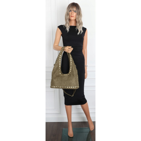 Torebka damska worek listonoszka zamszowa z ćwiekami modna 90512 Zielona