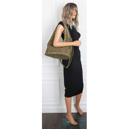 Torebka damska worek listonoszka zamszowa z ćwiekami modna 90512 Zielona