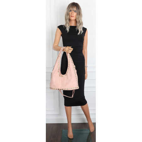 Torebka damska worek listonoszka zamszowa z ćwiekami modna 90512 Różowa