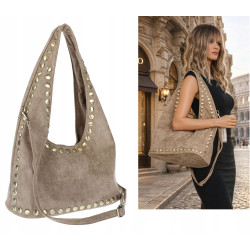 Torebka damska worek listonoszka zamszowa z ćwiekami modna 90512 Beżowa