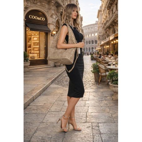 Torebka damska worek listonoszka zamszowa z ćwiekami modna 90512 Beżowa