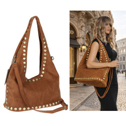 Torebka damska worek listonoszka zamszowa z ćwiekami modna 90512 Brązowa