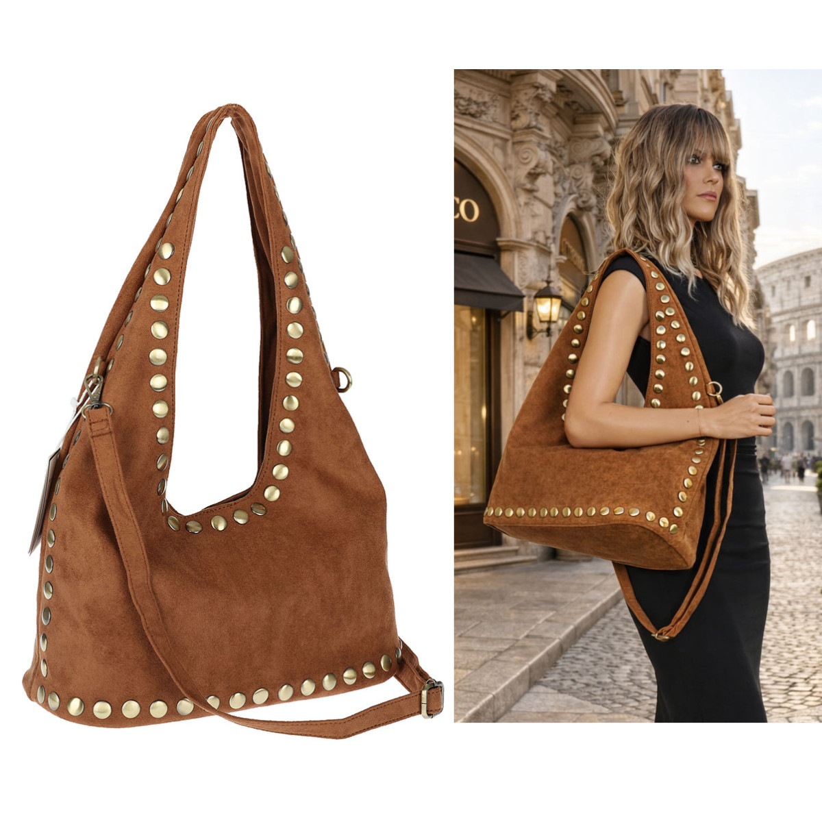 Torebka damska worek listonoszka zamszowa z ćwiekami modna 90512 Brązowa