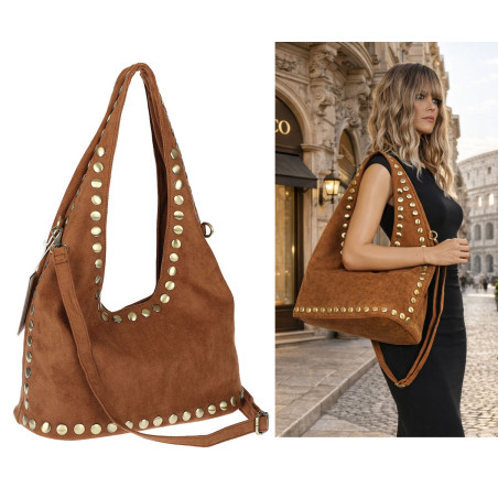 Torebka damska worek listonoszka zamszowa z ćwiekami modna 90512 Brązowa