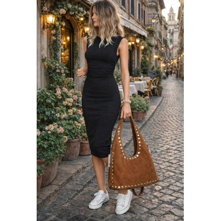 Torebka damska worek listonoszka zamszowa z ćwiekami modna 90512 Brązowa