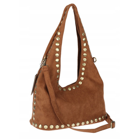 Torebka damska worek listonoszka zamszowa z ćwiekami modna 90512 Brązowa