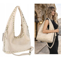 Torebka damska worek listonoszka zamszowa z ćwiekami modna 90512 Beżowa