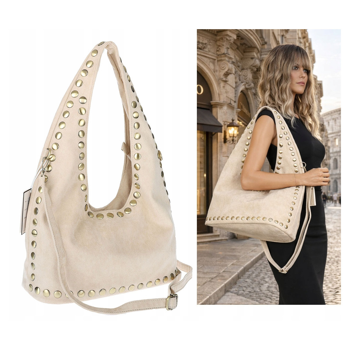 Torebka damska worek listonoszka zamszowa z ćwiekami modna 90512 Beżowa