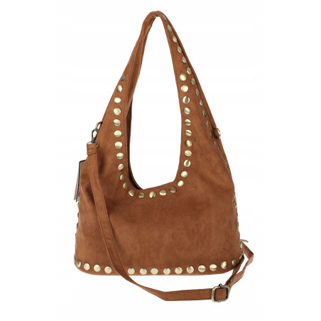 Torebka damska worek listonoszka zamszowa z ćwiekami modna 90512 Brązowa