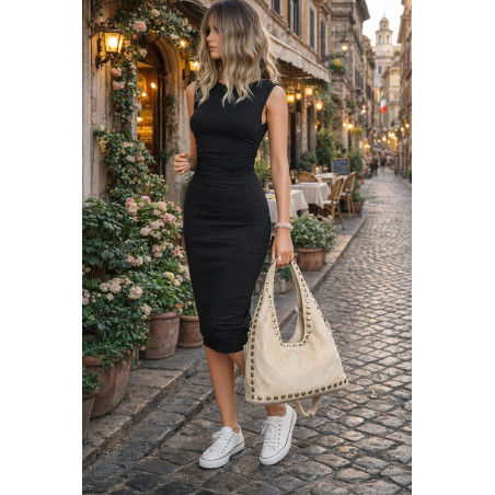 Torebka damska worek listonoszka zamszowa z ćwiekami modna 90512 Beżowa