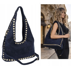 Torebka damska worek listonoszka zamszowa z ćwiekami modna 90512 Granatowa