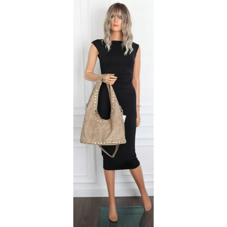 Torebka damska worek listonoszka zamszowa z ćwiekami modna 90512 Beżowa