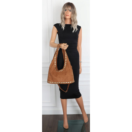 Torebka damska worek listonoszka zamszowa z ćwiekami modna 90512 Brązowa