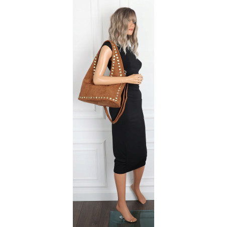 Torebka damska worek listonoszka zamszowa z ćwiekami modna 90512 Brązowa