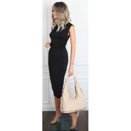 Torebka damska worek listonoszka zamszowa z ćwiekami modna 90512 Beżowa