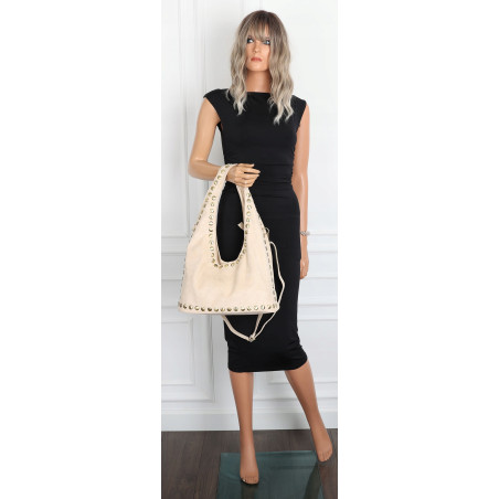 Torebka damska worek listonoszka zamszowa z ćwiekami modna 90512 Beżowa