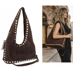 Torebka damska worek listonoszka zamszowa ćwieki modna 90512 Czekoladowa