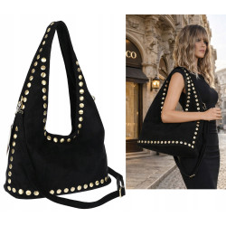 Torebka damska worek listonoszka zamszowa z ćwiekami modna 90512 Czarna