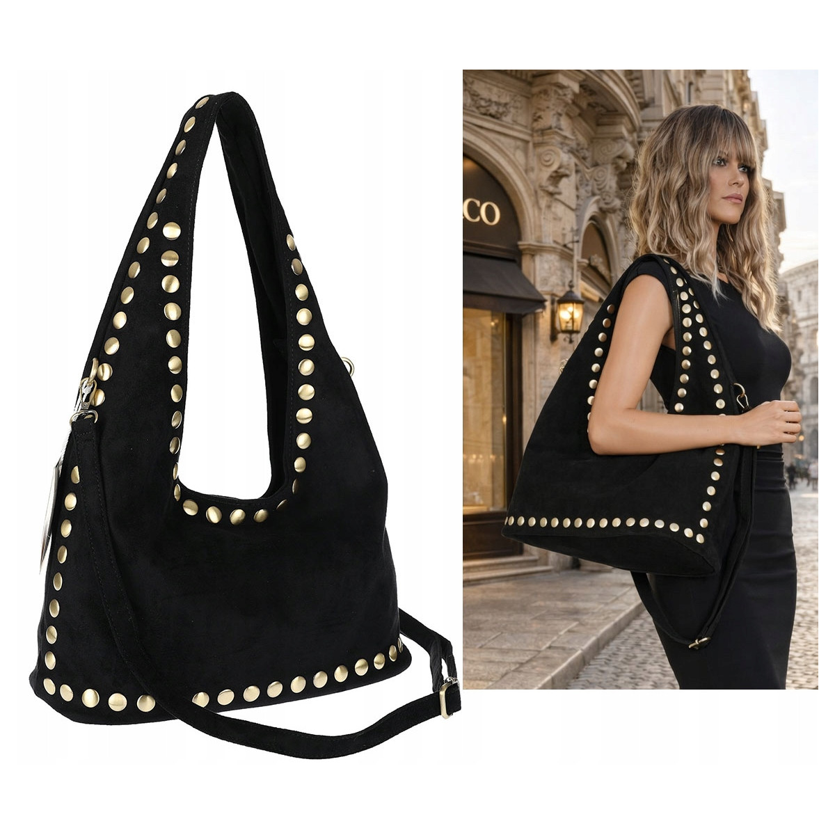 Torebka damska worek listonoszka zamszowa z ćwiekami modna 90512 Czarna