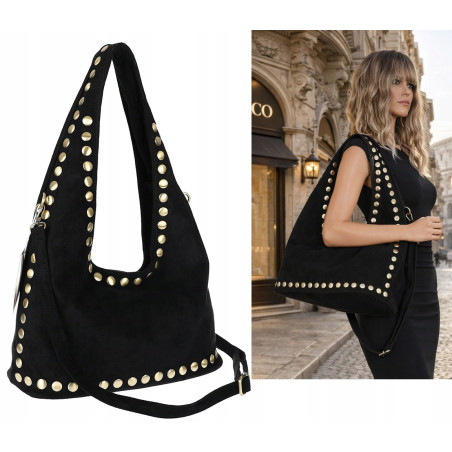 Torebka damska worek listonoszka zamszowa z ćwiekami modna 90512 Czarna