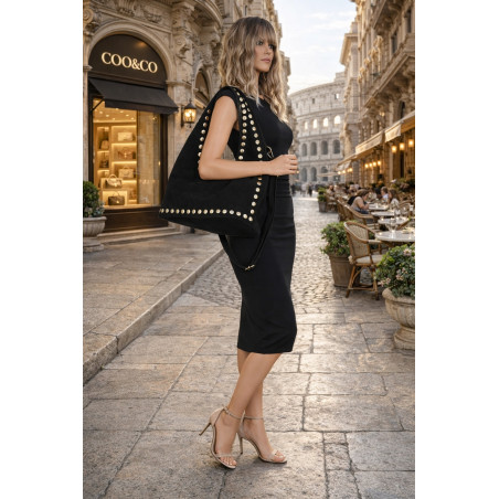 Torebka damska worek listonoszka zamszowa z ćwiekami modna 90512 Czarna