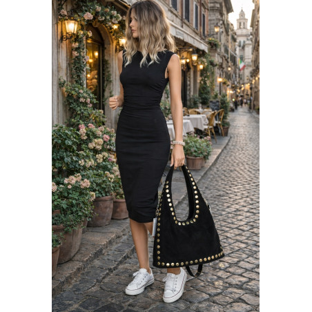 Torebka damska worek listonoszka zamszowa z ćwiekami modna 90512 Czarna