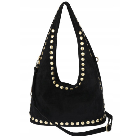 Torebka damska worek listonoszka zamszowa z ćwiekami modna 90512 Czarna