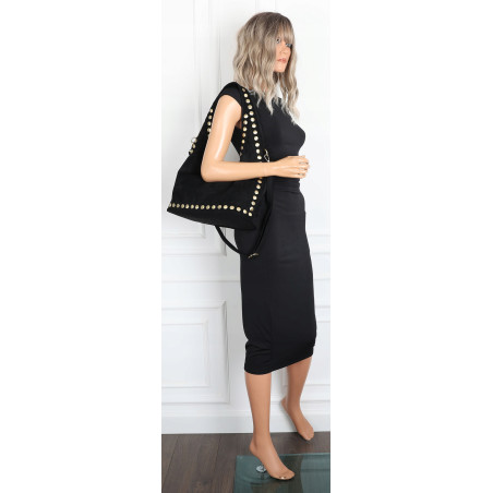 Torebka damska worek listonoszka zamszowa z ćwiekami modna 90512 Czarna