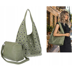 Torebka damska shopper 2w1 worek listonoszka z ćwiekami torba 3505 Zielona