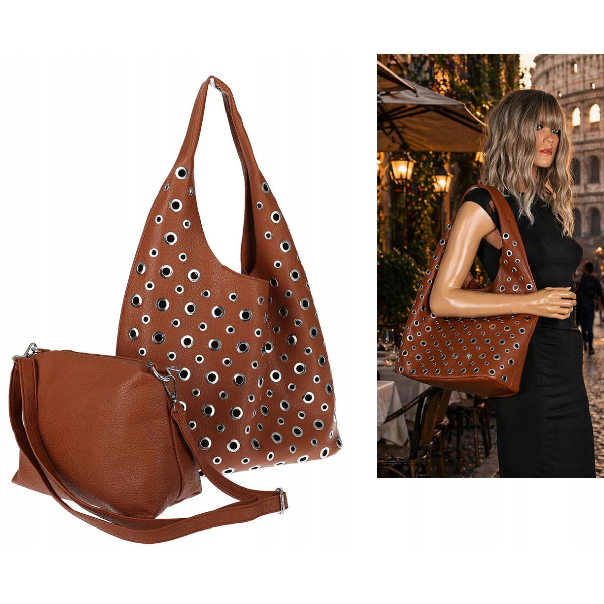 Torebka damska shopper 2w1 worek listonoszka z ćwiekami torba 3505 Brązowa