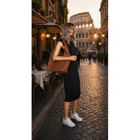 Torebka damska shopper 2w1 worek listonoszka z ćwiekami torba 3505 Brązowa