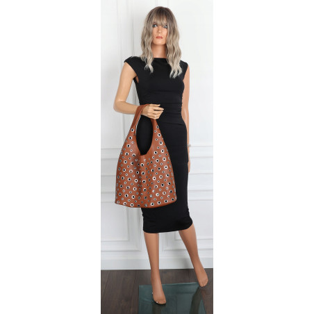 Torebka damska shopper 2w1 worek listonoszka z ćwiekami torba 3505 Brązowa