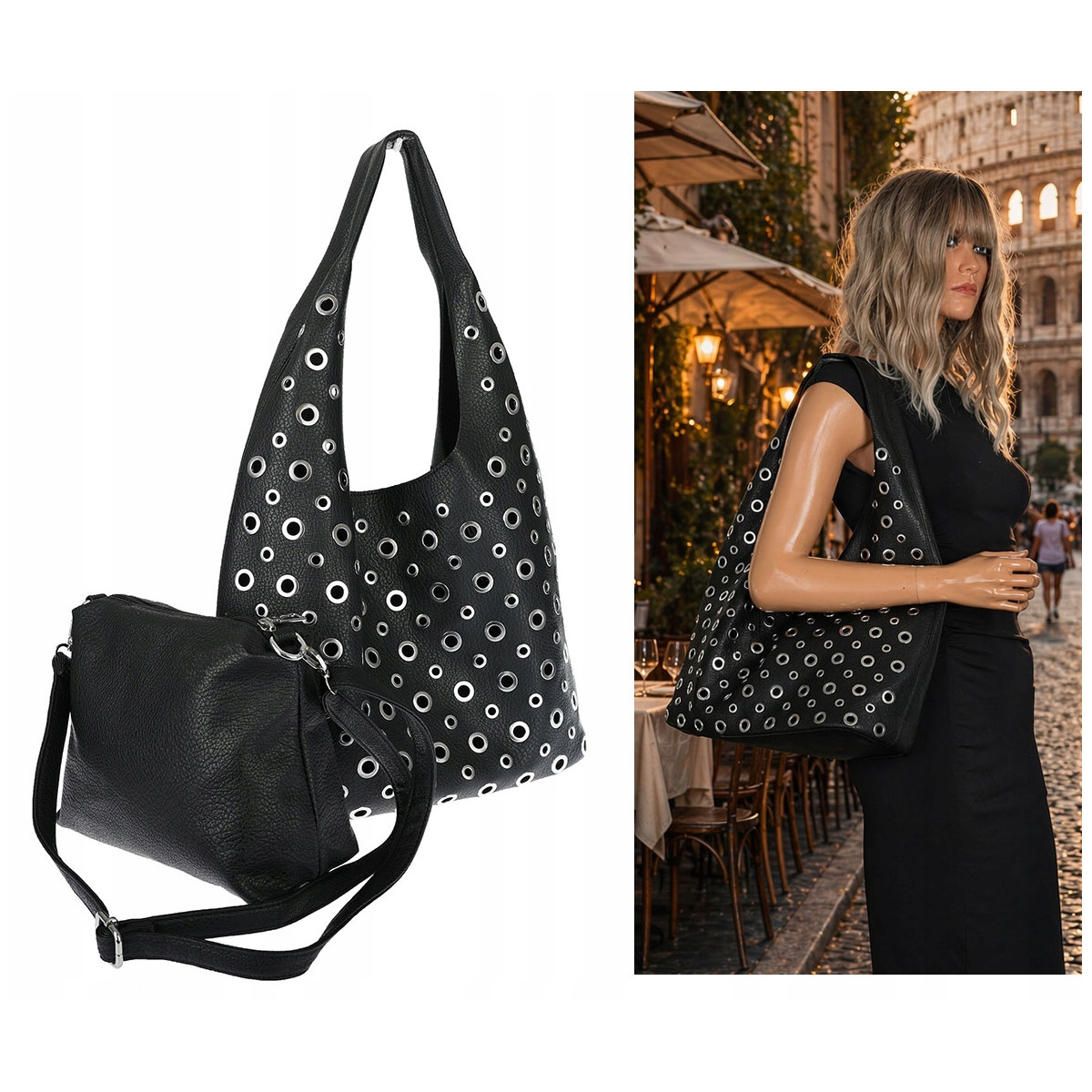 Torebka damska shopper 2w1 worek listonoszka z ćwiekami torba 3505 Czarna