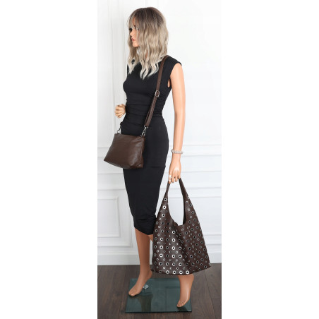 Torebka damska shopper worek listonoszka z ćwiekami torba 3505 Czekoladowa