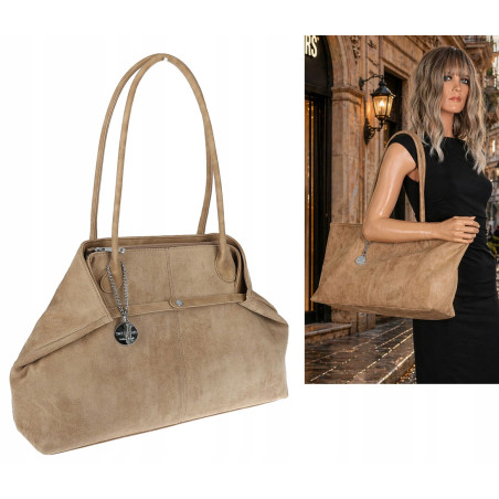 Torebka damska zamszowa shopper 2w1 elegancka lekka torba OS116 Beżowa
