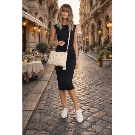 Torebka damska shopper listonoszka zamszowa z ćwiekami na ramię 1844 Beżowa