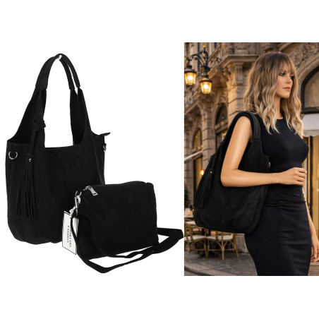 Torebka damska shopper worek zamsz elegancka lekka modna torba 1789 Czarna