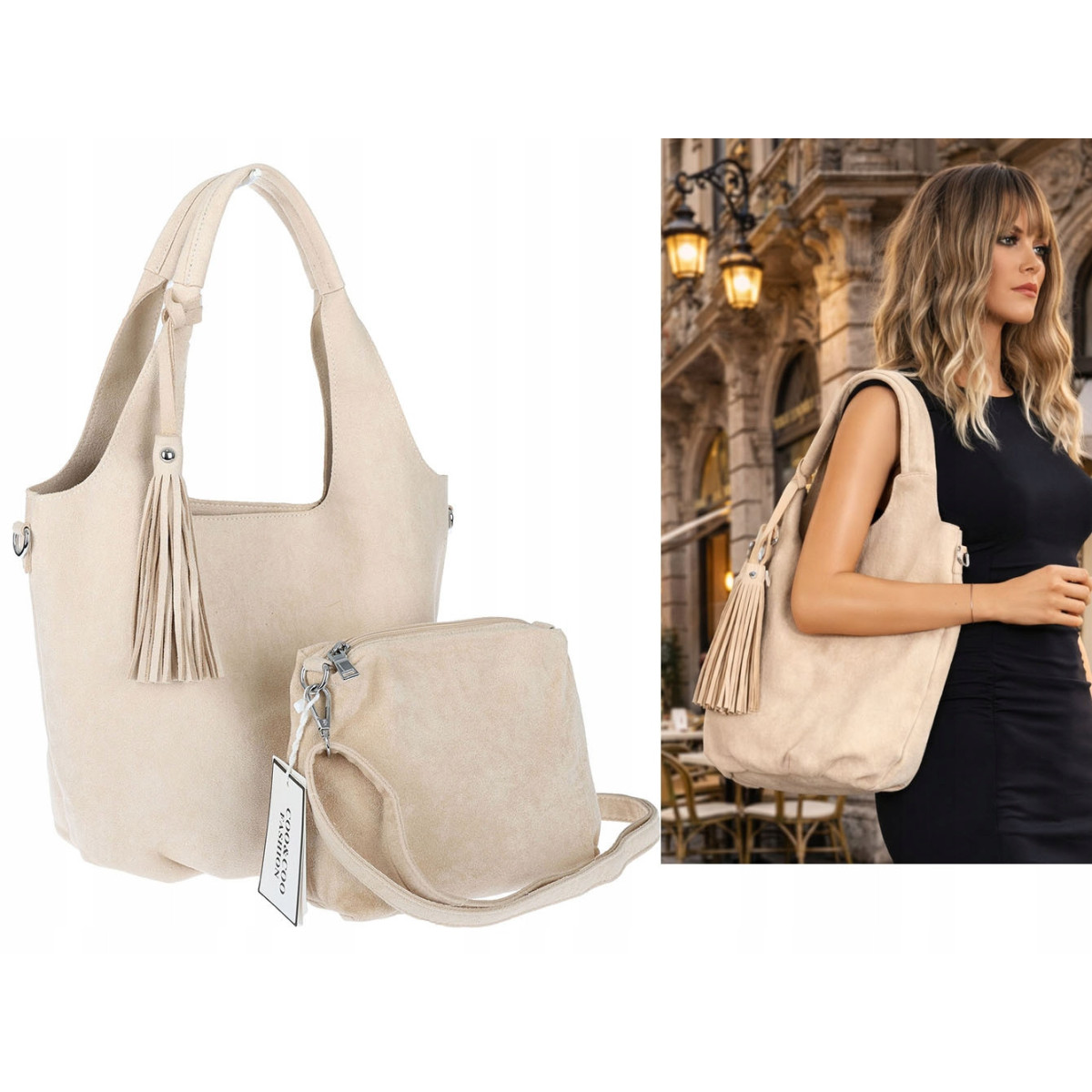 Torebka damska shopper worek zamsz elegancka lekka modna torba 1789 Beżowa