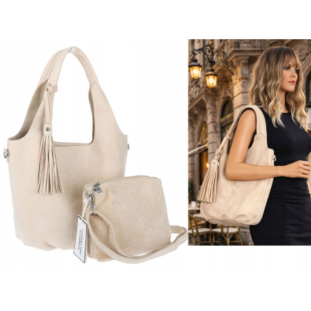Torebka damska shopper worek zamsz elegancka lekka modna torba 1789 Beżowa