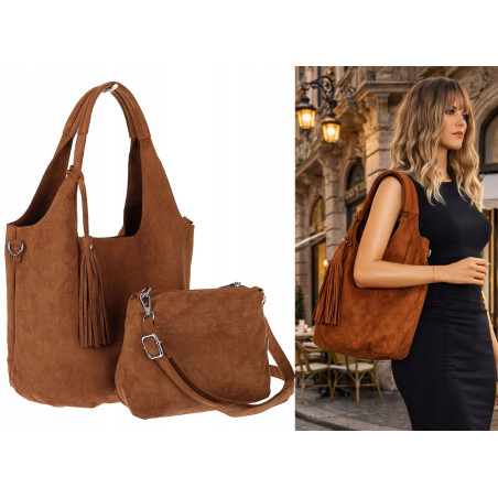 Torebka damska shopper worek zamsz elegancka lekka modna torba 1789 Brązowa