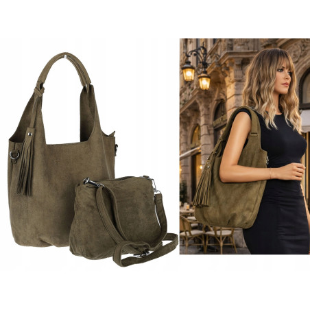 Torebka damska shopper worek zamsz elegancka lekka modna torba 1789 Zielona