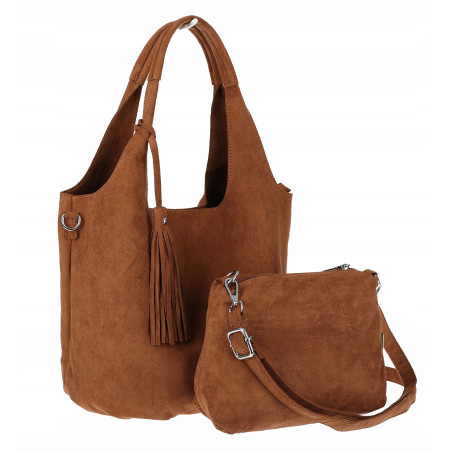 Torebka damska shopper worek zamsz elegancka lekka modna torba 1789 Brązowa