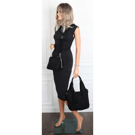 Torebka damska shopper worek zamsz elegancka lekka modna torba 1789 Czarna