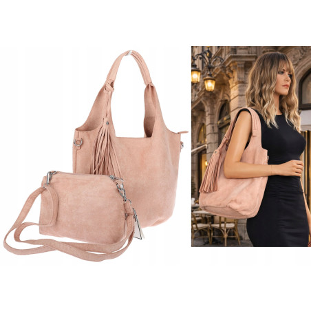 Torebka damska shopper worek zamsz elegancka lekka modna torba 1789 Różowa